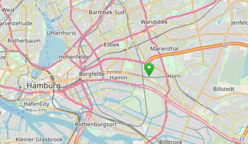 Karte von Hamburg mit gestecktem Pin beim Rauhen Haus